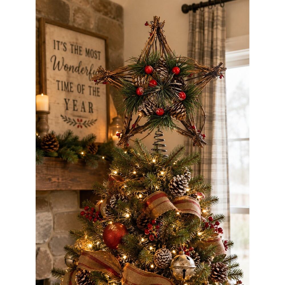 Rustic Grapevine Star Christmas Tree Topper Pinecone Berry Farmhouse Decor